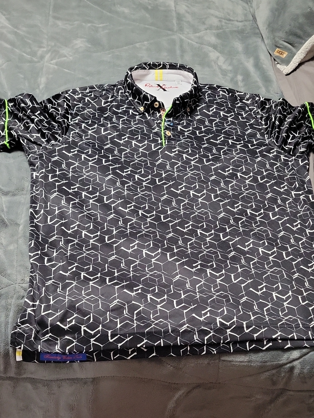 Robert Graham Black Geometric Polo with Neon Green Trim